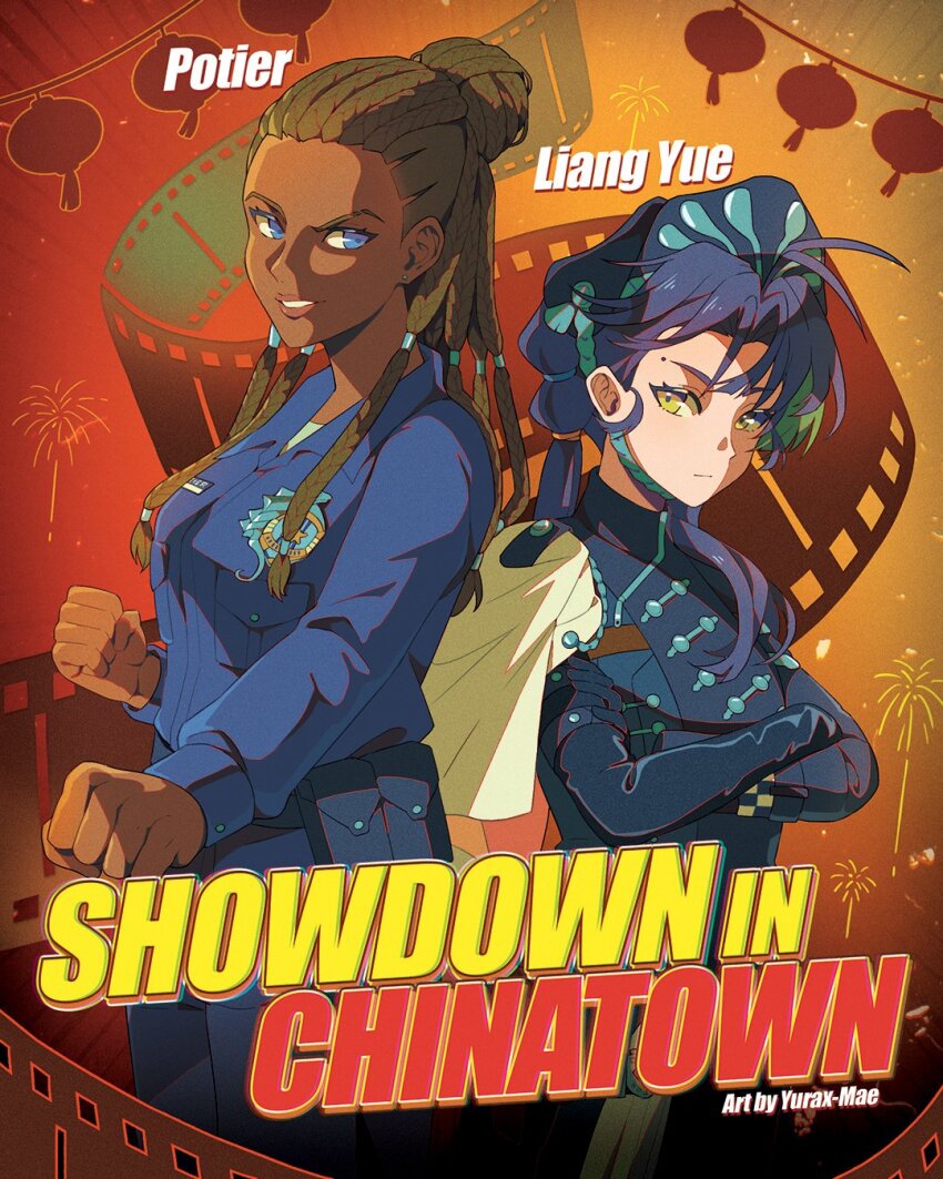 2girls artist_name beret black_dress black_gloves black_hat blue_eyes blue_shirt brown_hair cape character_name chin_strap closed_mouth cornrows crossed_arms dark-skinned_female dark_skin dress english_text film_reel firework_background gloves gradient_background hair_bun hat highres lantern liang_yue_(reverse:1999) long_hair looking_at_viewer low_twintails mole mole_above_eye multiple_girls orange_background paper_lantern poitier_(reverse:1999) police police_uniform policewoman red_background reverse:1999 shirt side_cape twintails upper_body white_cape yellow_eyes yurax-mae