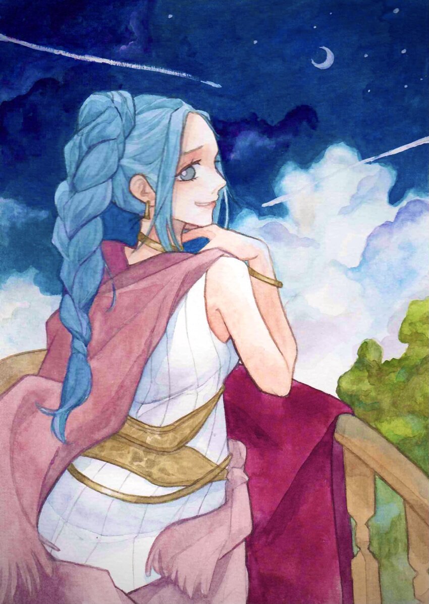 1girl blue_eyes blue_hair bracelet braid braided_ponytail cloud dress earrings highres jewelry looking_back moon nefertari_vivi night night_sky one_piece sidelocks sinoda_maru7326 sky smile solo white_dress