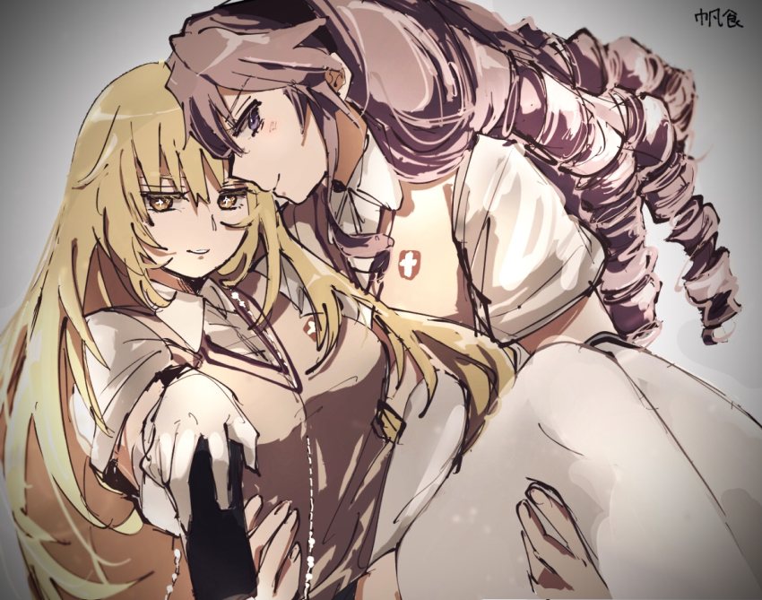 2girls blonde_hair breasts brown_sweater_vest carrying collared_shirt controller drill_hair elbow_gloves gloves hokaze_junko holding holding_remote_control large_breasts long_hair looking_at_viewer multiple_girls princess_carry purple_eyes purple_hair remote_control ringlets school_emblem school_uniform shino_(vppa) shirt shokuhou_misaki short_sleeves signature simple_background sketch smile star-shaped_pupils star_(symbol) summer_uniform sweater_vest symbol-shaped_pupils thighhighs toaru_kagaku_no_mental_out toaru_kagaku_no_railgun toaru_majutsu_no_index tokiwadai_school_uniform v-neck white_gloves white_shirt white_thighhighs yellow_eyes