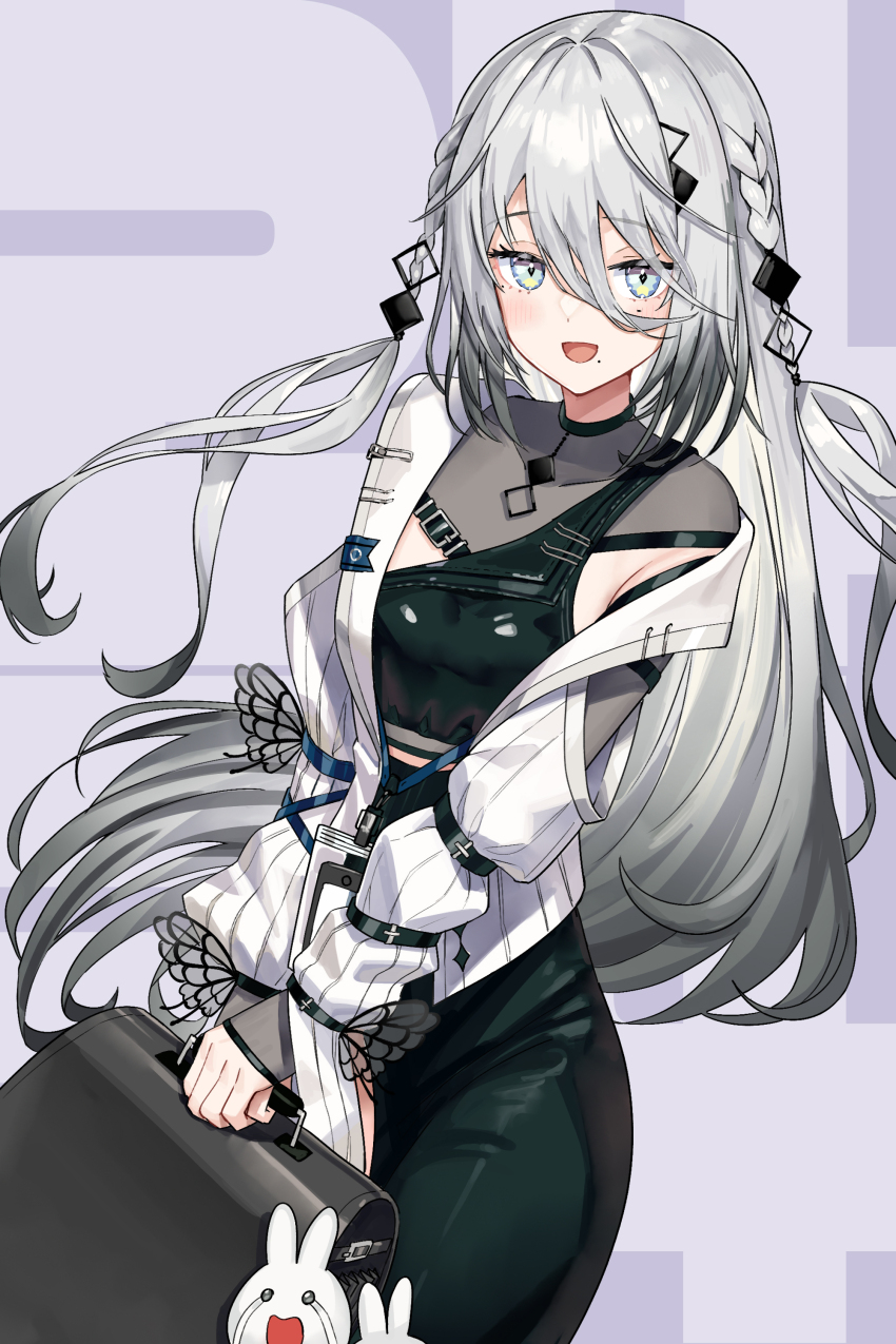 1girl absurdres armpit_cutout bag black_bag black_choker black_dress black_hair blush braid breasts choker clothing_cutout cowboy_shot crying dress gradient_hair grey_eyes grey_hair hair_ornament highres holding holding_bag id_card jacket long_hair long_sleeves mole mole_under_each_eye mole_under_eye mole_under_mouth multicolored_hair multiple_moles mytea_(soso) nijisanji open_clothes open_jacket open_mouth side_slit sleeves_past_wrists solo sophia_valentine sophia_valentine_(1st_costume) streaming_tears stuffed_animal stuffed_rabbit stuffed_toy tears twin_braids virtual_youtuber white_jacket