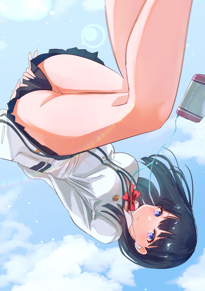 1girl absurdres ass black_hair black_skirt blue_eyes breasts cloud cloudy_sky cycloneactionx earphones floating gridman_universe highres jacket medium_breasts miniskirt multicolored_eyes no_panties phone skirt sky solo ssss.gridman sweater takarada_rikka twitter_username upside-down white_jacket white_sweater