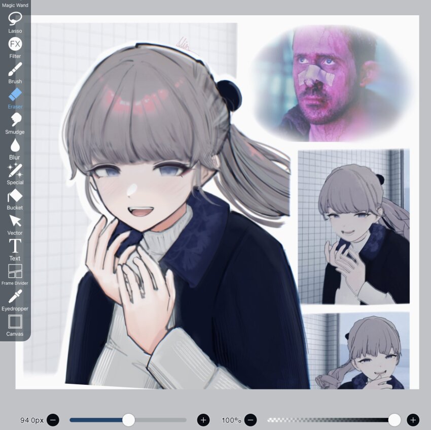1boy 1girl bandage_on_nose black_capelet blade_runner blade_runner_2049 blue_eyes blunt_bangs blush capelet goslingposting_(meme) grey_hair highres ibispaint k_(blade_runner_2049) lapwing_(vrchat) laughing long_hair meme miradaydream original ponytail purple_hair ryan_gosling shirt short_hair tile_wall tiles turtleneck turtleneck_shirt white_shirt