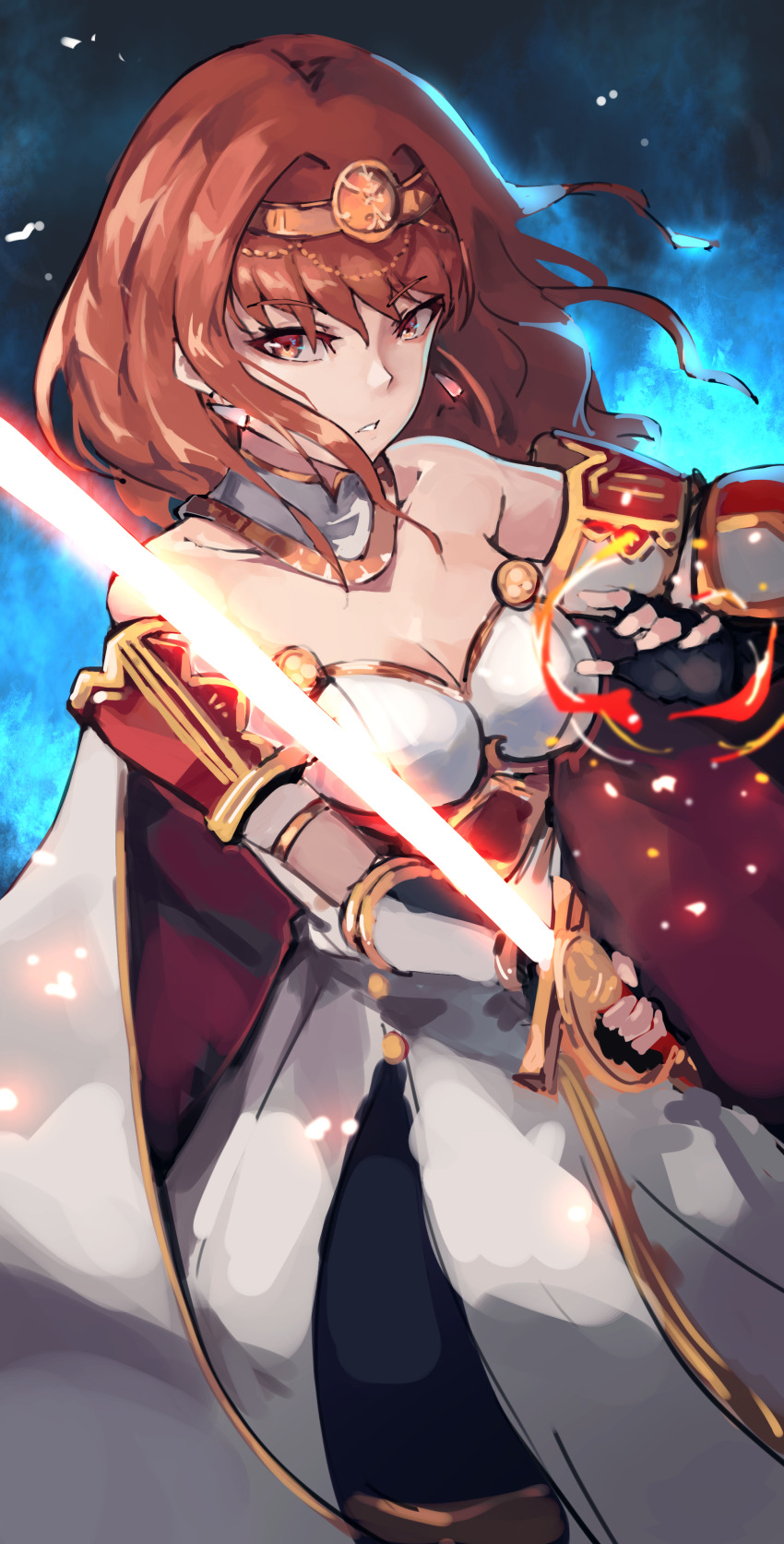 1girl absurdres armor black_skirt breastplate breasts cape celica_(fire_emblem) choker cleavage dress earrings fingerless_gloves fire fire_emblem fire_emblem_echoes:_shadows_of_valentia gloves highres holding holding_sword holding_weapon jewelry long_hair magic medium_breasts nintendo orange_eyes orange_hair princess red_eyes red_hair shield shizu_(shizuillust) skirt solo sword tiara weapon white_armor white_dress