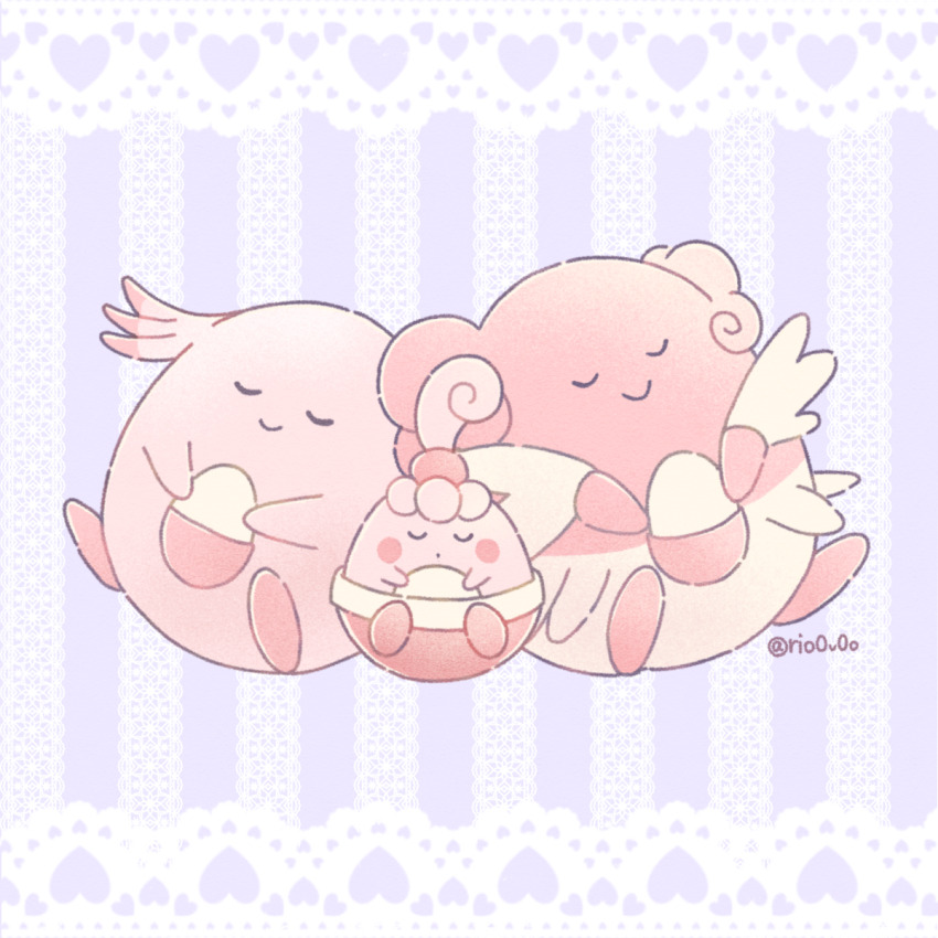 blissey chansey closed_eyes closed_mouth commentary_request dot_mouth egg evolutionary_line full_body game_freak gen_1_pokemon gen_2_pokemon gen_4_pokemon grey_background happiny heart highres nintendo no_humans pokemon pokemon_(creature) rio_(rio0v0o) sleeping striped_background twitter_username