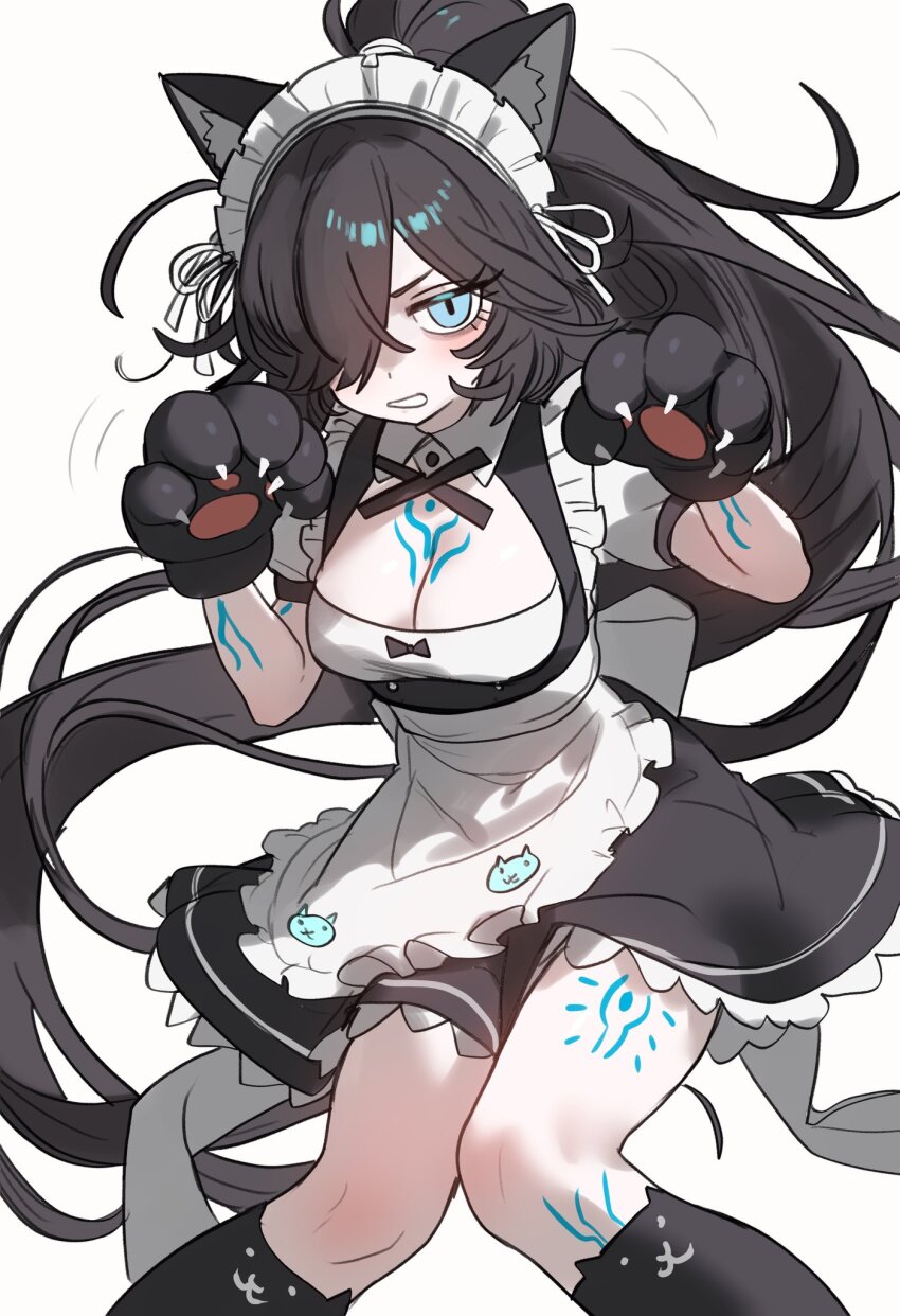 1girl alternate_costume animal_ear_fluff animal_ears apron black_dress black_socks blue_eyes blush body_markings breasts cat_ears cat_girl cleavage cleavage_cutout clothing_cutout dark_kasli_(nyanko_daisensou) dress ebora enmaided framed_breasts frilled_apron frilled_dress frills hands_up highres kneehighs knees_together_feet_apart long_hair looking_at_viewer maid maid_apron maid_headdress markings motion_lines nyanko_daisensou open_mouth short_sleeves simple_background skirt socks solo waist_apron white_apron white_background