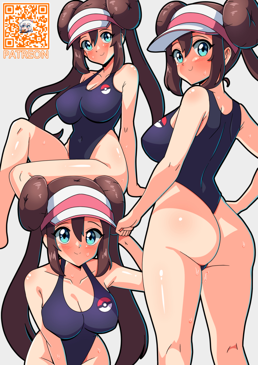 1girl acefish arm_behind_head arm_under_breasts arm_up armpit_crease ass bare_shoulders blue_eyes blush breasts brown_hair covered_navel double_bun hair_bun highleg highleg_one-piece_swimsuit highres knee_up kneepits large_breasts leaning_forward looking_at_viewer looking_back nintendo one-piece_swimsuit poke_ball_print pokemon pokemon_bw2 rosa_(pokemon) shiny_skin sitting smile standing swimsuit thighs twintails visor_cap wedgie wet white_background