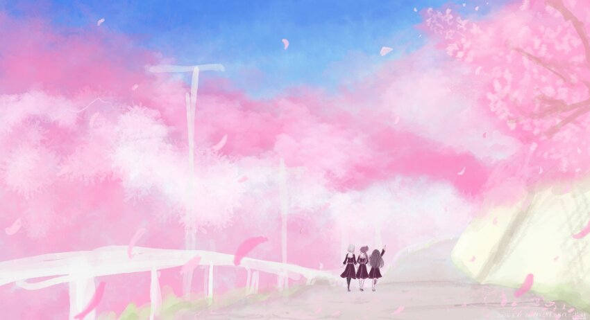 3girls absurdres arm_up bob_cut brown_dress brown_hair cherry_blossoms commentary dress fujishima_megumi grey_hair hasu_no_sora_school_uniform highres link!_like!_love_live! long_hair long_sleeves love_live! medium_dress multicolored_hair multiple_girls otomune_kozue outdoors pleated_dress purple_hair railing red_hair road sailor_collar sailor_dress school_uniform seiha_(hnumkt) short_hair side_ponytail sketch_background streaked_hair street two_side_up very_wide_shot virtual_youtuber walking walking_away white_sailor_collar winter_uniform yugiri_tsuzuri