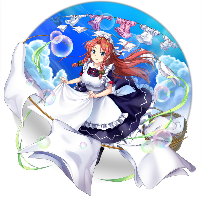 1girl alternate_costume apron basket bed_sheet blue_dress blue_eyes blue_sky blush bow braid breasts closed_mouth clothesline cloud day dress enmaided frilled_dress frills game_cg green_bow highres holding holding_sheet hong_meiling hong_meiling_(chinese_maid_for_the_day) large_breasts long_hair looking_at_viewer maid maid_apron official_art outdoors red_hair rotte_(1109) side_braids sky smile soap_bubbles solo third-party_source touhou touhou_lostword transparent_background twin_braids white_apron