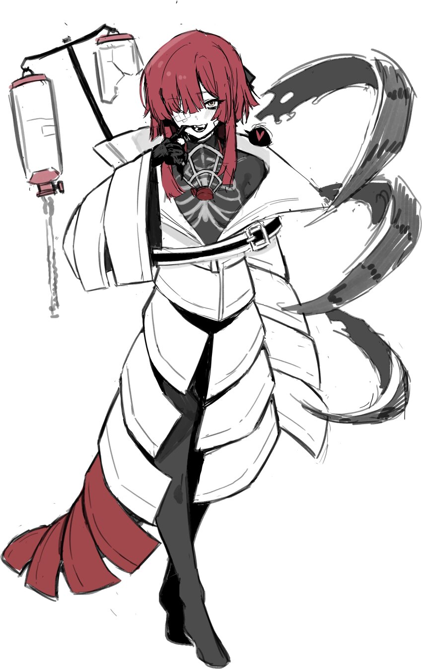 1girl absurdres black_bow black_pantyhose bow claws coat full_body gauze gauze_over_eye grey_eyes hair_bow highres kim_nyangpeon limbus_company long_sleeves looking_at_viewer mask medium_hair open_mouth oxygen_mask oxygen_tank pantyhose pink_hair project_moon respirator simple_background skeleton_print solo standing thoracalgia_(e.g.o) white_background white_coat yuri_(project_moon)