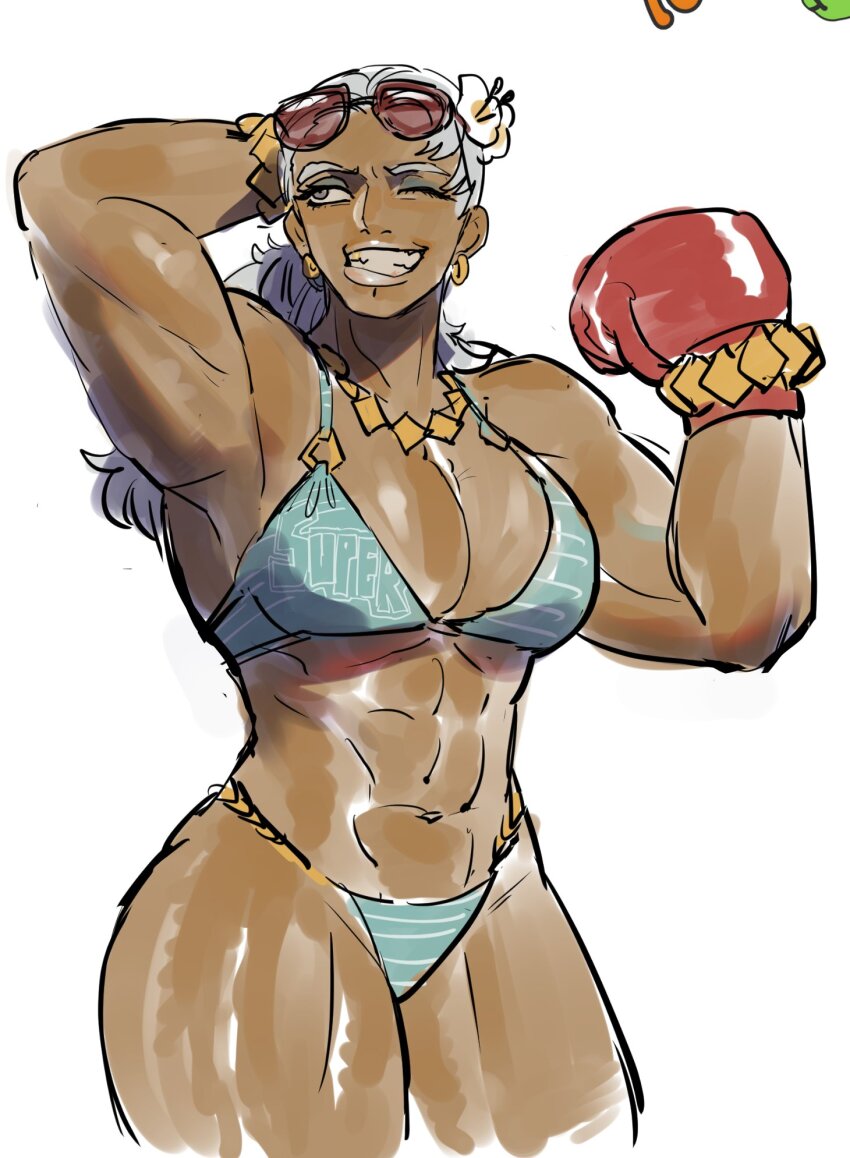 1girl abs boxing_gloves cowboy_shot dancho_no_mori dark-skinned_female dark_skin eyeshadow flower genderswap genderswap_(mtf) grey_eyes grey_hair grin hair_flower hair_ornament makeup muscular muscular_female nintendo punch-out!! smile solo sunglasses_on_head super_macho_man tan thick_thighs thighs