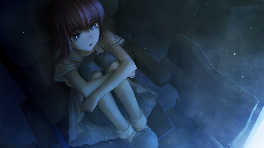 1girl aged_down black_sash blue_dress blue_eyes blue_slippers blue_theme blunt_bangs bow capri_pants child cropped_jacket crying crying_with_eyes_open dress game_cg glowing green_pants highres hugging_own_legs huke indoors jacket knees_up light_particles long_hair looking_to_the_side non-web_source official_art open_mouth pants red_hair ringed_eyes sad sash shiina_kagari short_sleeves sitting slippers solo steins;gate steins;gate_0 tearing_up tears waist_bow waist_sash white_jacket