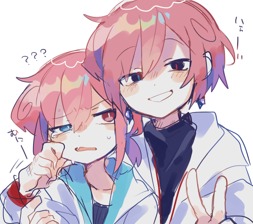 2boys ??? alternate_hairstyle annoyed black_eyes black_shirt blue_eyes blue_pupils blush collarbone dark_persona dual_persona earrings fang hair_between_eyes half-closed_eyes hand_up heterochromia highres hood hood_down hoodie jewelry looking_at_another looking_at_viewer male_focus multiple_boys original peace pinching pinching_cheek pink_hair ponytail raised_eyebrows raito-kun_(uenomigi) red_eyes red_pupils shirt short_hair short_ponytail sidelocks simple_background skin_fang smile teeth trap uenomigi upper_body v white_background white_hoodie