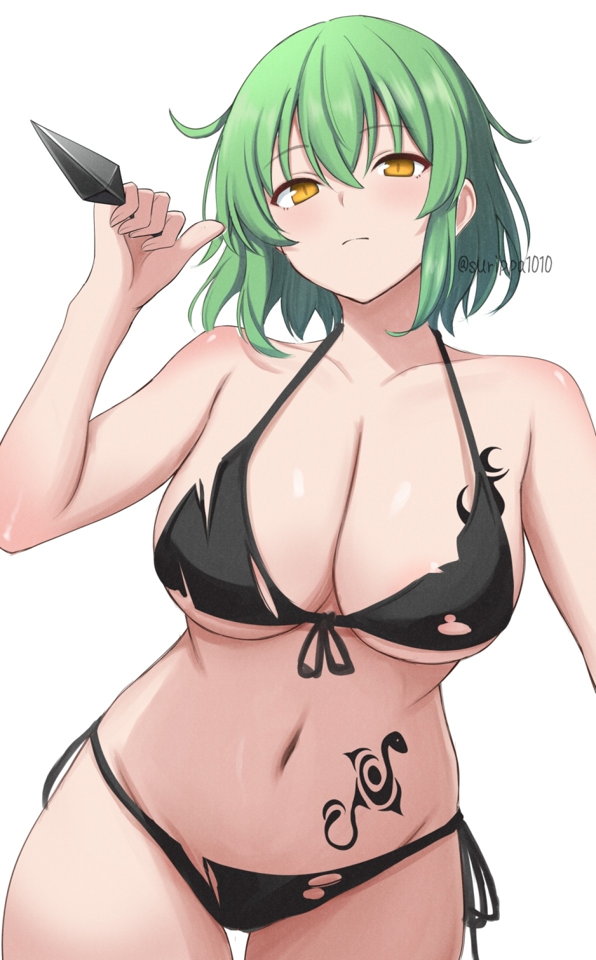 1girl areola_slip artist_name bikini black_bikini breast_tattoo breasts cleavage closed_mouth collarbone commentary_request covered_erect_nipples front-tie_bikini_top front-tie_top green_hair hair_between_eyes hand_up highres hikage_(senran_kagura) hip_tattoo holding holding_kunai holding_weapon kunai large_breasts leaning_forward light_blush light_frown looking_at_viewer medium_hair navel orange_eyes senran_kagura side-tie_bikini_bottom simple_background slit_pupils snake_tattoo stomach_tattoo strap_gap surippa1010 swimsuit tattoo thigh_gap torn_bikini torn_clothes twitter_username underboob weapon white_background yellow_eyes
