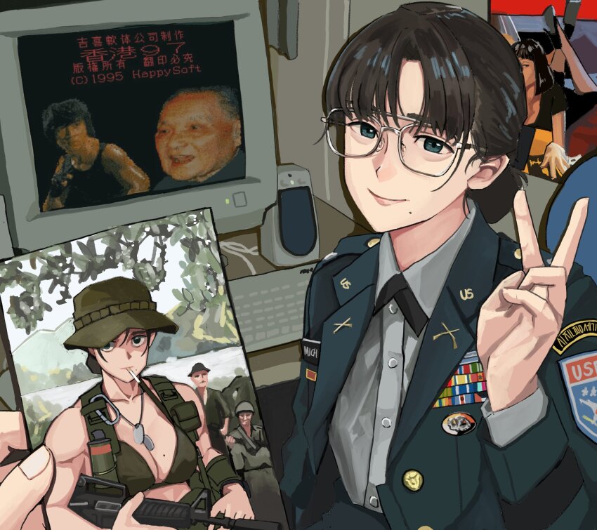 carabiner carrying carrying_under_arm cigarette copyright_notice crt deng_xiaoping dog_tags drawing_(object) glasses gun hat highres holding holding_drawing holding_gun holding_weapon hong_kong_97 jackie_chan light_smile looking_at_viewer mia_wallace military_dress_uniform military_uniform original people poster_(object) pov pulp_fiction smoking speaker translation_request v wani_(perfect_han) weapon