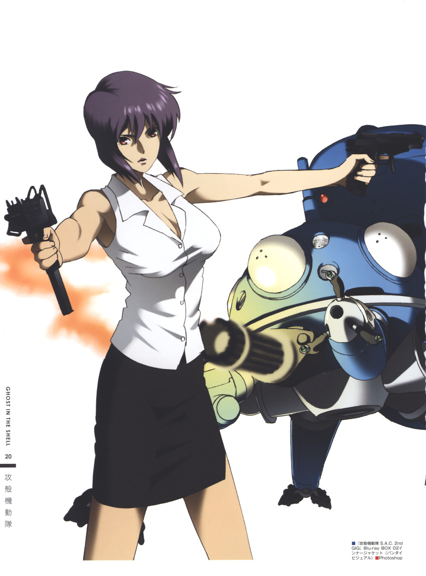 1girl 1other absurdres alternate_costume bare_legs bare_shoulders black_skirt breasts cleavage cyberpunk cyborg feet_out_of_frame formal_clothes ghost_in_the_shell ghost_in_the_shell:_stand_alone_complex gun handgun highres holding holding_gun holding_weapon kusanagi_motoko large_breasts lips looking_at_viewer motion_blur nishio_tetsuya non-web_source official_alternate_costume official_art open_clothes open_shirt pistol production_ig purple_hair robot scan shirt short_hair skirt suit tachikoma weapon white_background white_shirt