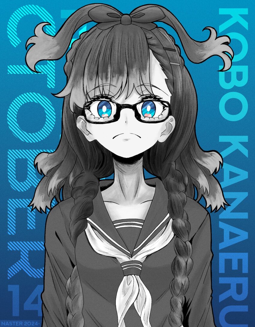 177013 blue_eyes cosplay emergence_(shindol) glasses hair_ribbon highres hololive hololive_indonesia kobo_kanaeru meme monochrome ribbon school_uniform twintails virtual_youtuber yoshida_saki_(cosplay)