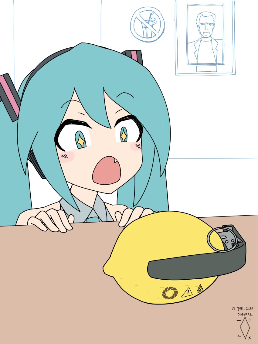 +_+ 1girl absurdres aqua_eyes aqua_hair aqua_necktie artist_name cave_johnson collared_shirt commentary dated digiral english_commentary explosive fang food fruit grenade grey_shirt hair_ornament hands_on_table hatsune_miku headphones highres lemon long_hair meme necktie open_mouth portal portal_(series) portal_2 portrait_(object) shirt sleeveless sleeveless_shirt solo twintails vocaloid white_background woah_pipe_bomb_(meme)
