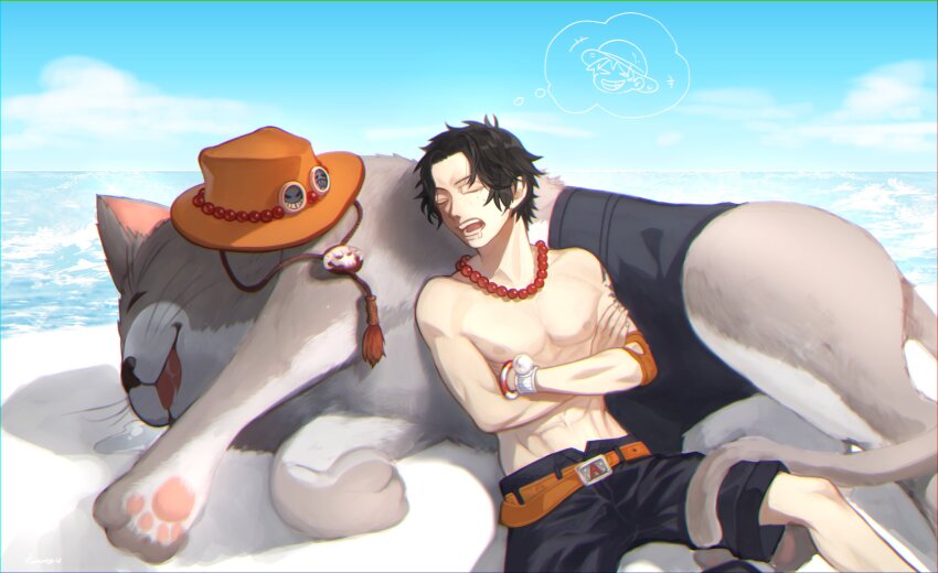 1boy animal belt black_shorts blue_sky bracelet closed_eyes elbow_pads freckles highres jewelry kazuto_(kazu_one_a) log_pose monkey_d._luffy necklace ocean one_piece pearl_necklace portgas_d._ace shorts single_elbow_pad sky sleeping speech_bubble thought_bubble topless_male