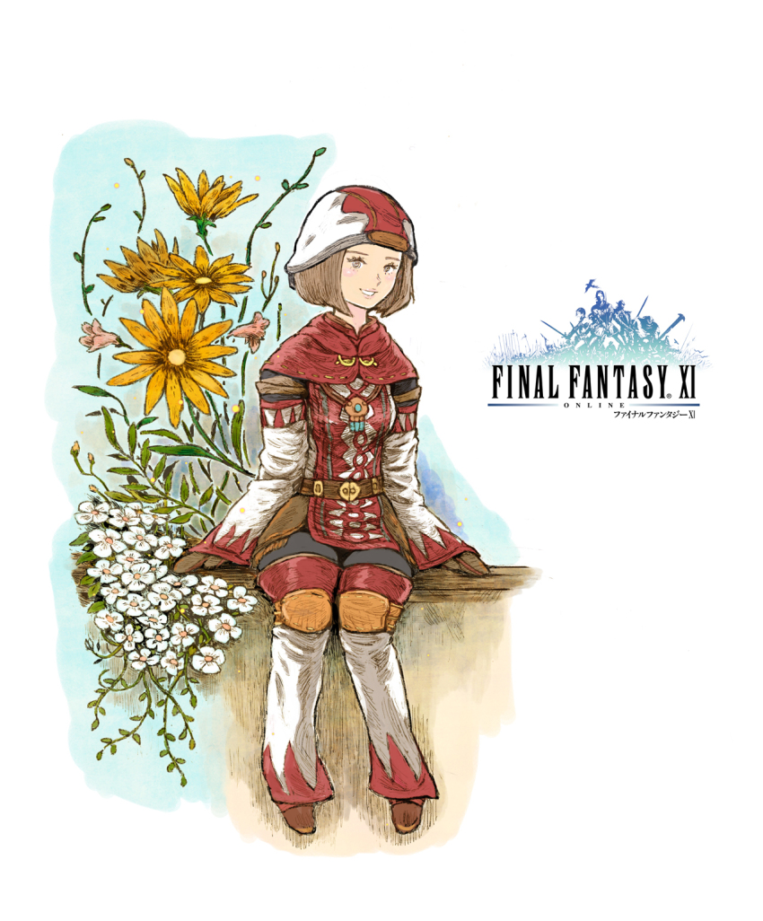 1girl adventurer_(ff11) belt black_pantyhose brown_belt brown_hair brown_mittens commentary copyright_name final_fantasy final_fantasy_xi flower hat highres hume itou_ryouma long_sleeves mittens official_art pantyhose pink_flower red_hat red_robe robe second-party_source short_hair sitting smile solo two-tone_hat two-tone_robe white_eyes white_flower white_hat white_mage_(final_fantasy) white_robe yellow_flower
