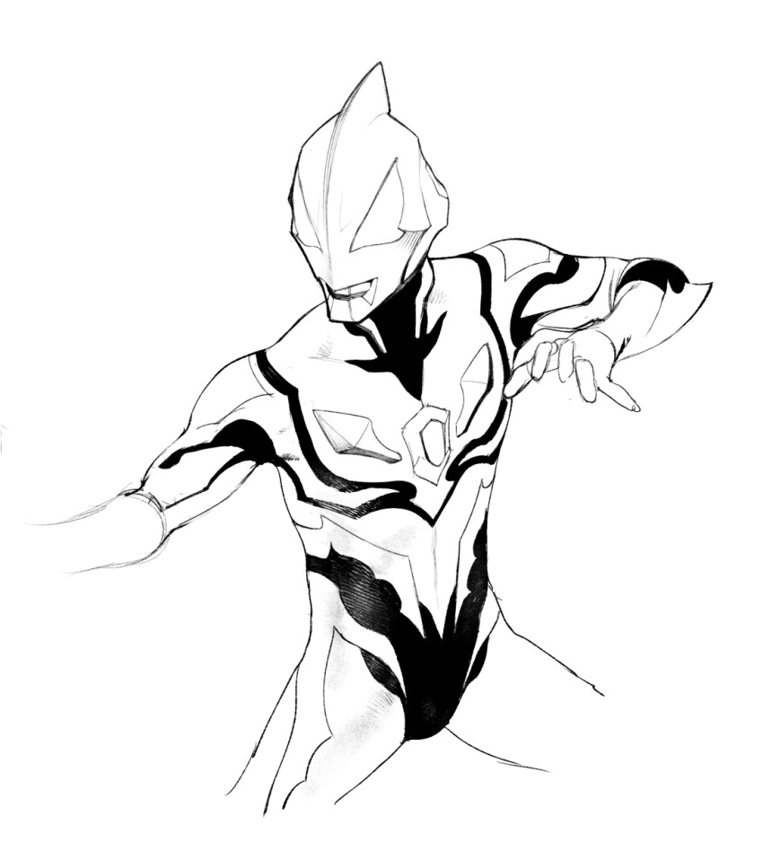 1boy conto fighting_stance greyscale highres male_focus monochrome no_pupils simple_background sketch solo tokusatsu toned toned_male ultra_series ultraman_geed ultraman_geed_(series)