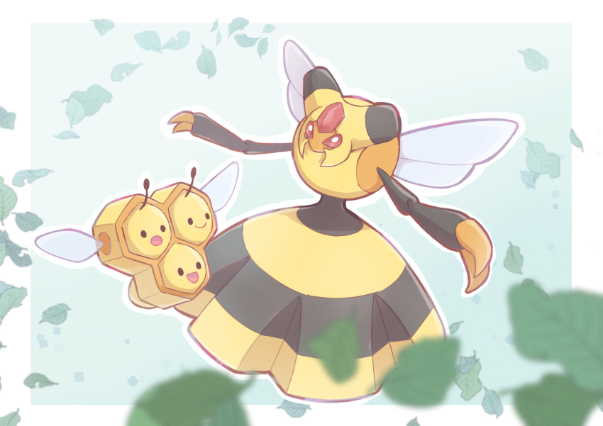 025sakura393 :d black_eyes border bright_pupils claws closed_mouth combee commentary_request evolutionary_line gen_4_pokemon highres nintendo open_mouth pokemon pokemon_(creature) red_eyes smile solid_circle_eyes vespiquen white_border white_pupils