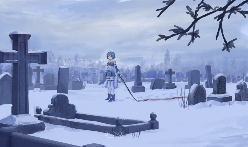 1girl absurdres artist_logo blood blood_on_snow bloody_weapon blue_boots blue_hair blue_skirt boots cape commentary cross detached_sleeves gloves graveyard high_heel_boots high_heels highres holding holding_sword holding_weapon logo magical_girl mahou_shoujo_madoka_magica mahou_shoujo_madoka_magica_(anime) miki_sayaka miki_sayaka_(magical_girl) miniskirt outdoors shionoji08 short_hair skirt snow solo standing sword thighhighs tombstone tree weapon white_cape white_gloves white_thighhighs winter
