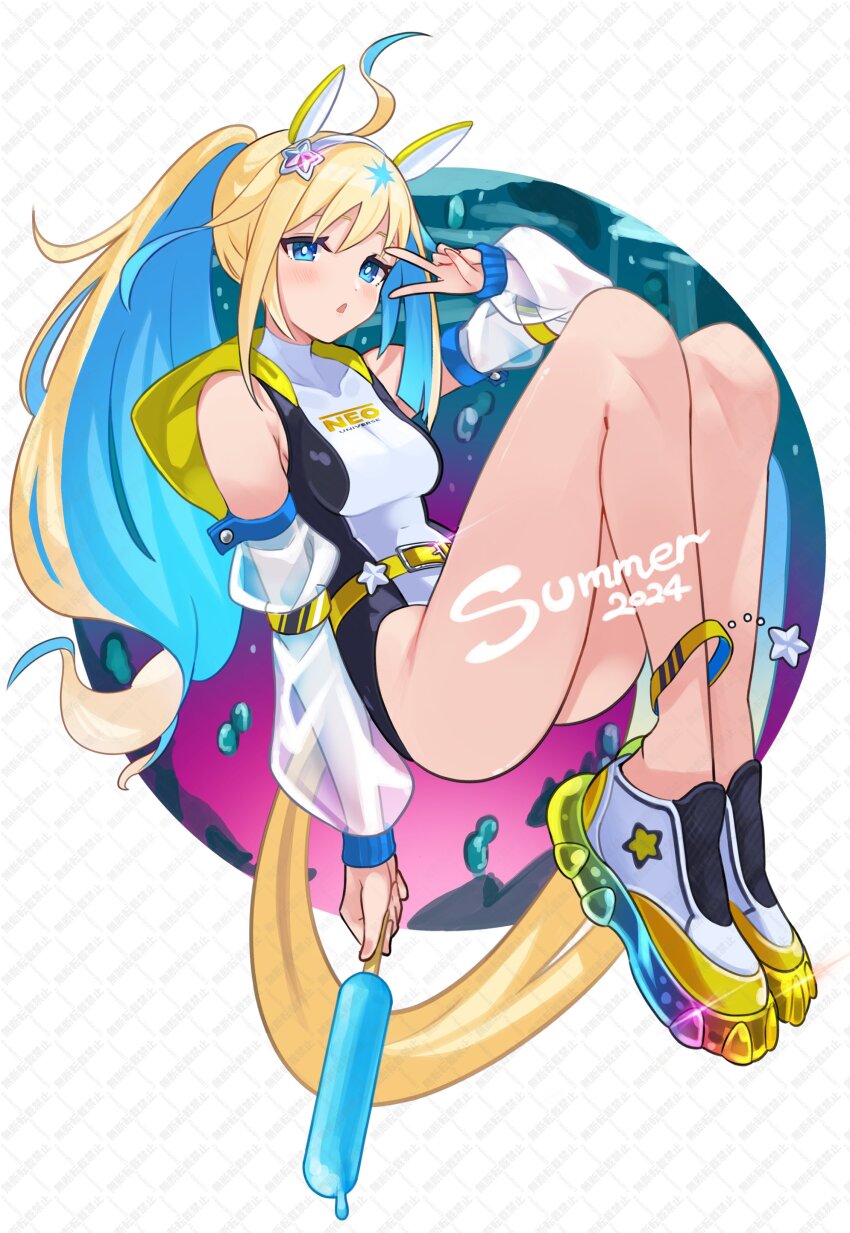 1girl 2024 absurdres ahoge alternate_costume animal_ears blush breasts commentary_request detached_sleeves food full_body hair_ornament highres horse_ears horse_girl horse_tail long_hair looking_at_viewer medium_breasts multicolored_hair neo_universe_(umamusume) open_mouth ponytail popsicle shoes simple_background solo tail thighs two-tone_hair umamusume v white_background yokoji_(kodai2015)