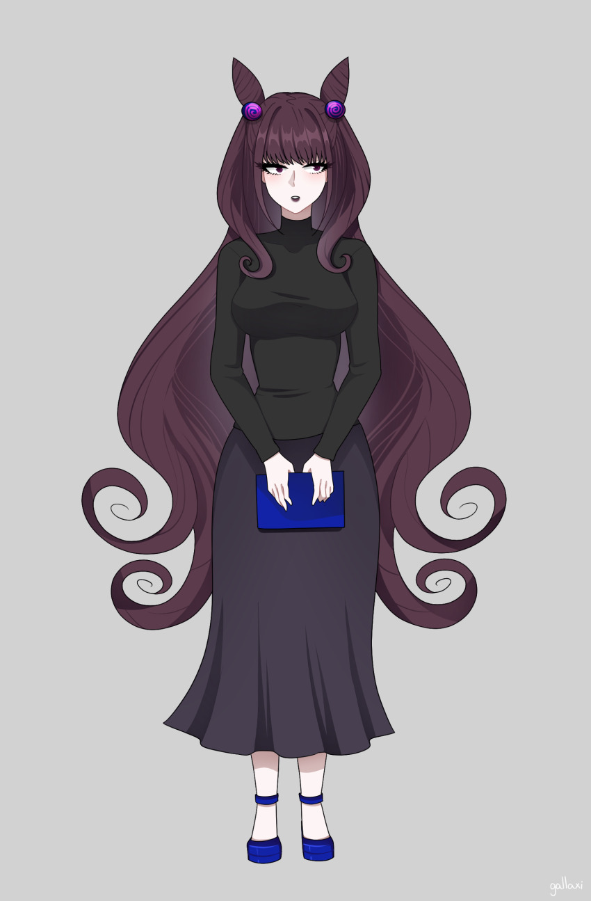 1girl absurdly_long_hair absurdres black_shirt blue_book book breasts cone_hair_bun curly_hair fate/grand_order fate_(series) full_body gallaxi goth_fashion grey_background hair_bun high_heels highres holding holding_book jitome large_breasts long_hair long_skirt looking_to_the_side murasaki_shikibu_(fate) purple_eyes purple_hair purple_lips purple_skirt shirt signature simple_background skirt solo standing straight-on turtleneck turtleneck_shirt very_long_hair