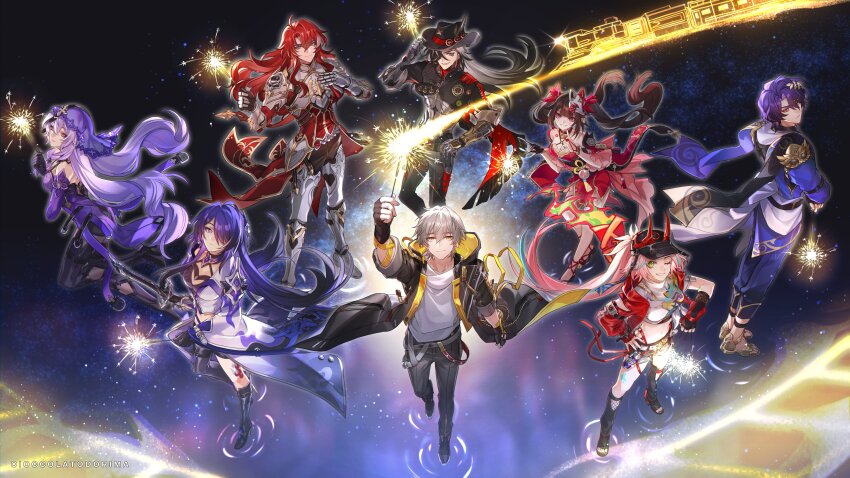 4boys 4girls absurdres acheron_(honkai:_star_rail) ahoge argenti_(honkai:_star_rail) armor asymmetrical_footwear asymmetrical_sleeves black_hair black_swan_(honkai:_star_rail) boothill_(honkai:_star_rail) boots caelus_(honkai:_star_rail) cioccolatodorima closed_mouth coat commentary cowboy_hat cropped_shirt cyborg dr._ratio_(honkai:_star_rail) dress english_commentary expressionless fireworks floating_hair from_above full_body gauntlets gloves greco-roman_clothes green_eyes grey_hair grin hair_between_eyes hair_over_one_eye hand_on_headwear hand_on_own_hip hat horned_hat highres holding holding_fireworks holding_sheath holding_sword holding_weapon honkai:_star_rail honkai_(series) hood hood_down hooded_coat horned_hat jacket knee_boots long_hair long_sleeves looking_at_viewer mask mask_on_head midriff multicolored_hair multiple_boys multiple_girls open_clothes open_coat open_jacket pants parted_lips pink_eyes pink_hair purple_dress purple_eyes purple_hair purple_veil rappa_(honkai:_star_rail) red_hair sandals sharp_teeth sheath sheathed shirt shoes short_hair short_sleeves shorts single_knee_boot single_thigh_boot single_wide_sleeve smile sparkle_(honkai:_star_rail) sparkler standing sword teeth thigh_boots trailblazer_(honkai:_star_rail) twintails two-tone_hair veil very_long_hair walking weapon yellow_eyes