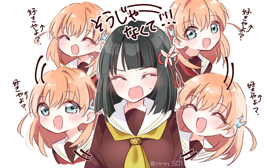 2girls :d ^_^ absurdres afterimage aqua_eyes arrow_(symbol) black_hair blush bob_cut brown_dress closed_eyes commentary_request dress flower flower_knot hair_flower hair_ornament hasu_no_sora_school_uniform highres hinoshita_kaho kanazawaben link!_like!_love_live! long_sleeves love_live! medium_hair momose_ginko motion_lines multiple_girls neckerchief oide_yo!_ishikawa_daikanko open_mouth orange_hair pink_flower rabbit_hair_ornament red_neckerchief ririn_(ririn_501) sailor_collar sailor_dress school_uniform short_hair smile speed_lines translation_request tsundere twitter_username two_side_up v-shaped_eyebrows virtual_youtuber white_sailor_collar winter_uniform yellow_neckerchief yuri