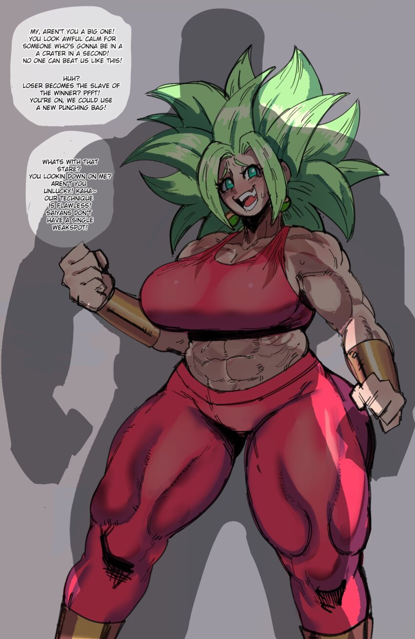 1boy 1girl breasts clothes dragon_ball dragon_ball_super earrings embarrassed emboquo english_text green_eyes green_hair grey_background highres huge_breasts jewelry kefla_(dragon_ball) legendary_super_saiyan looking_at_viewer muscular muscular_female muscular_male open_mouth piercing potara_earrings silhouette simple_background smile speech_bubble super_saiyan sweat thought_bubble