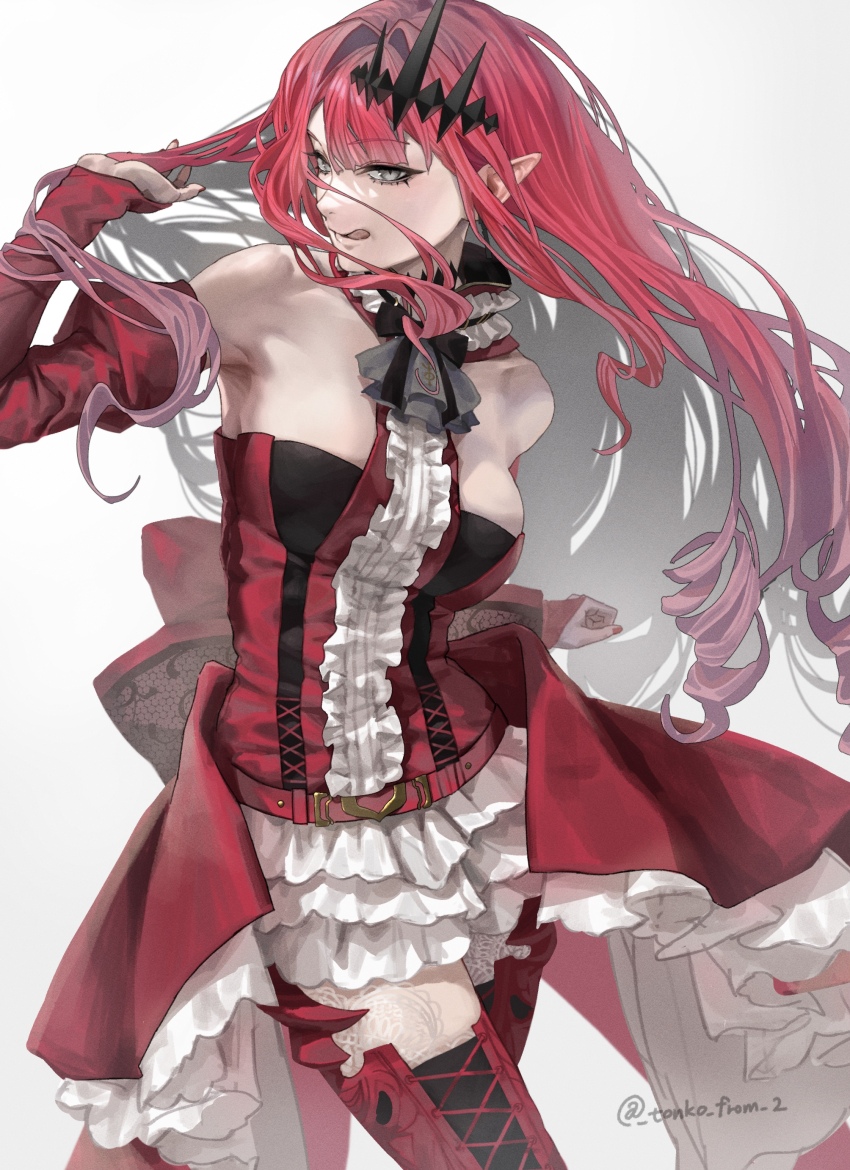 1girl absurdres baobhan_sith_(fate) baobhan_sith_(first_ascension)_(fate) bare_shoulders boots breasts center_frills detached_collar detached_sleeves dress earrings fate/grand_order fate_(series) frills grey_eyes highres jewelry large_breasts licking_lips long_hair looking_at_viewer pink_hair pointy_ears red_boots red_dress sidelocks smile solo thigh_boots thighs tiara tongue tongue_out tonko_from