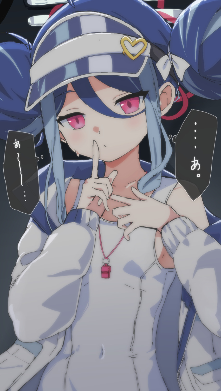 1girl absurdres blue_archive blue_hair breasts commentary_request double_bun finger_to_mouth fubuki_(blue_archive) fubuki_(swimsuit)_(blue_archive) hair_bun highres jacket long_sleeves official_alternate_costume one-piece_swimsuit paid_reward_available pink_eyes shushing small_breasts solo swimsuit translation_request whistle whistle_around_neck white_jacket white_one-piece_swimsuit yucblossom