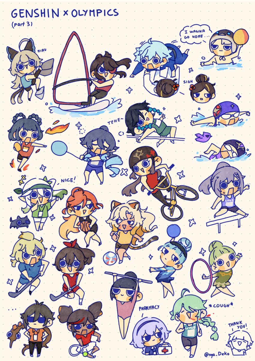 2024_summer_olympics 6+boys 6+girls absurdres ahoge amber_(genshin_impact) animal_ears baizhu_(genshin_impact) ball beidou_(genshin_impact) bicycle black_hair blonde_hair blue_hair brown_hair chiori_(genshin_impact) chongyun_(genshin_impact) collei_(genshin_impact) eula_(genshin_impact) fischl_(genshin_impact) freminet_(genshin_impact) genshin_impact green_hair highres hockey_stick hu_tao_(genshin_impact) jaguar_ears jaguar_girl jaguar_tail keqing_(genshin_impact) kirara_(genshin_impact) layla_(genshin_impact) long_hair mavuika_(genshin_impact) mika_(genshin_impact) mona_(genshin_impact) multiple_boys multiple_girls nahida_(genshin_impact) nya_deko olympics orange_hair ponytail purple_hair qiqi_(genshin_impact) racket short_hair tail venti_(genshin_impact) white_hair xiangling_(genshin_impact) xilonen_(genshin_impact) xinyan_(genshin_impact) yun_jin_(genshin_impact) zhongli_(genshin_impact)
