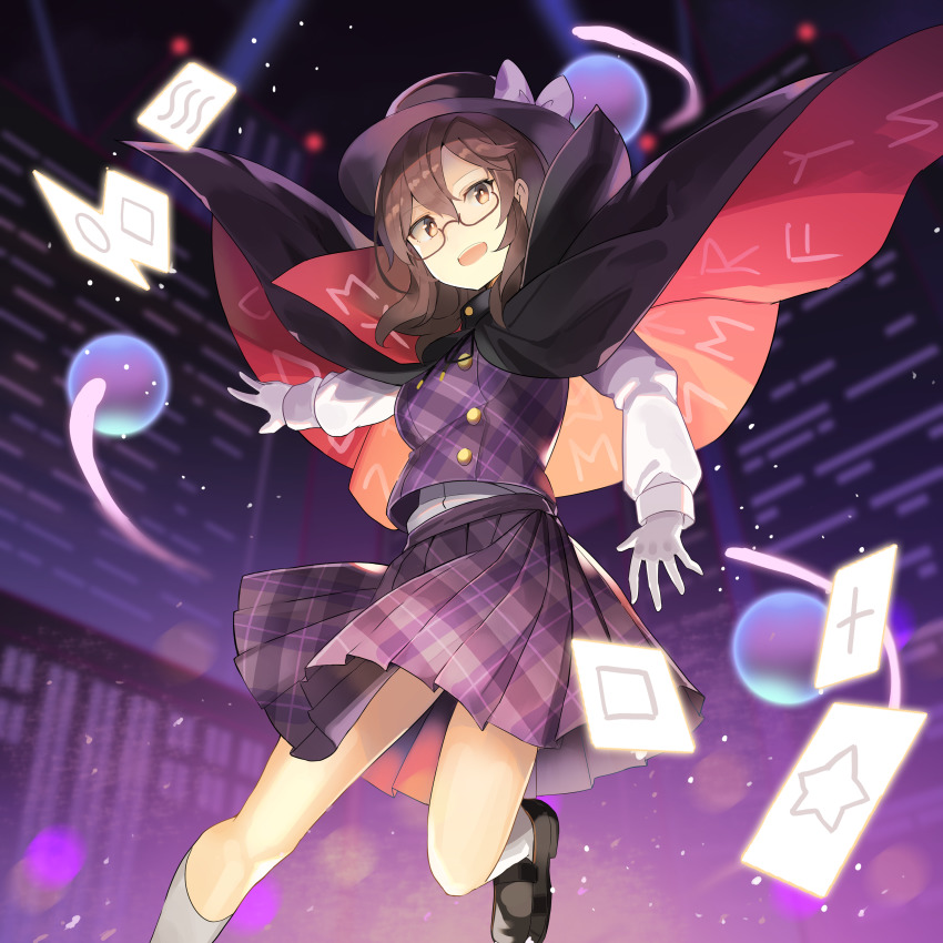 1girl absurdres black_shoes bow brown_eyes brown_hair building cape city_lights cityscape clothes_writing commentary_request cross falken_(yutozin) fedora floating_cape glasses gloves hat hat_bow highres huge_filesize long_sleeves looking_at_viewer medium_skirt occult_ball open_mouth plaid_clothes plaid_skirt plaid_vest pleated_skirt purple_skirt purple_vest runes semi-rimless_eyewear shoes skirt socks solo square star_(symbol) teeth touhou under-rim_eyewear upper_teeth_only usami_sumireko vest white_gloves white_socks zener_card