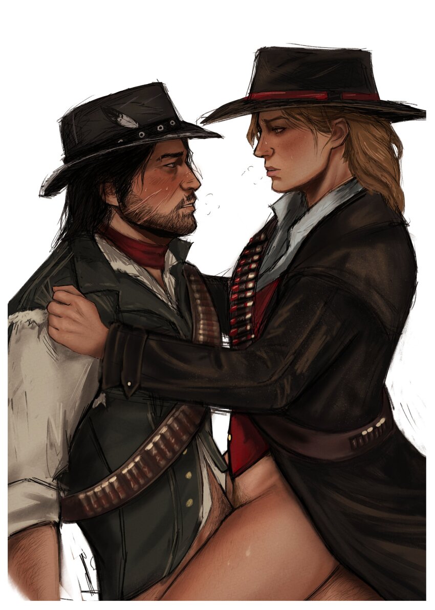 1boy 1girl absurdres bandolier beard belt black_coat black_hair black_hat blonde_hair coat collared_shirt cowboy_western facial_hair fr4nkt_4 from_side hat hetero highres john_marston long_coat looking_at_another open_clothes open_coat red_dead_redemption_(series) red_dead_redemption_2 sadie_adler sex shirt simple_background white_background white_shirt