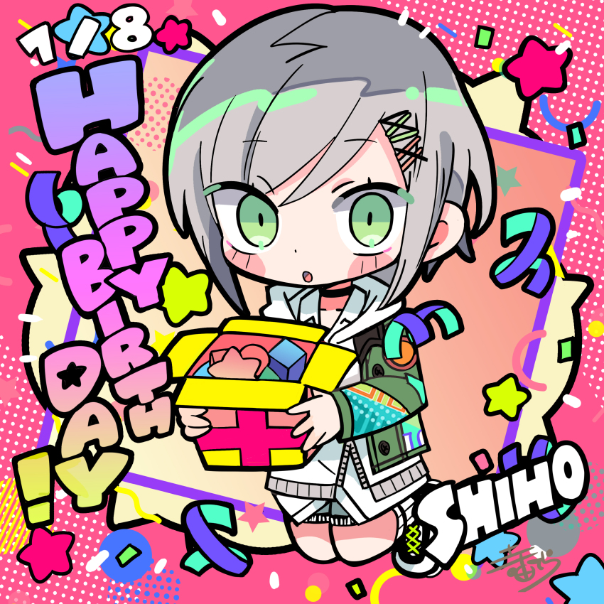 1girl :o absurdres black_choker blush box character_name chibi choker commentary_request confetti dot_nose gift gift_box green_eyes grey_hair guest_art hair_ornament hairclip happy_birthday highres hinomori_shiho holding holding_box kneeling open_mouth project_sekai second-party_source shoes short_hair signature socks solo star_(symbol) terada_tera white_shoes white_socks