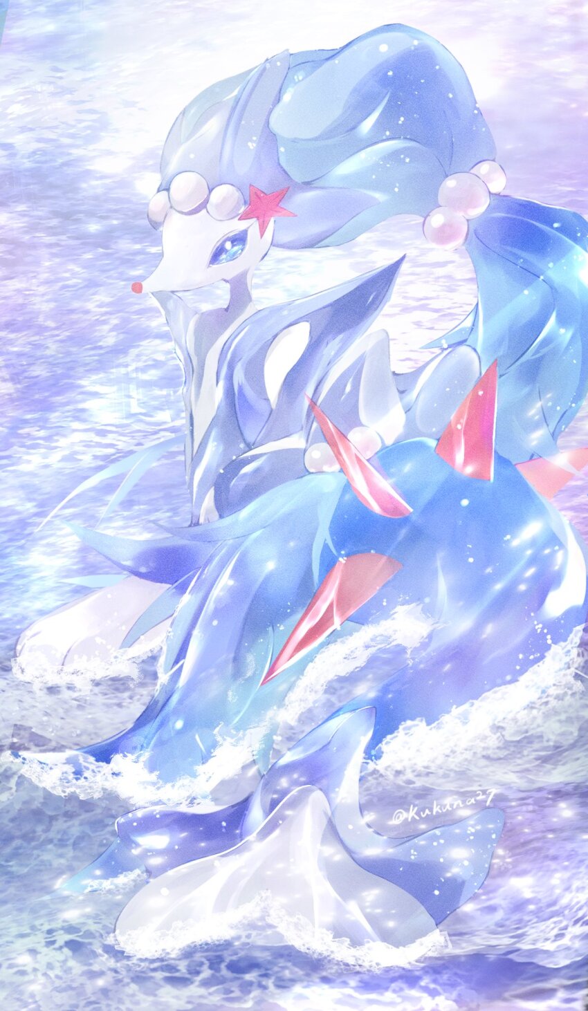 blue_eyes blue_hair closed_mouth commentary english_commentary full_body gen_7_pokemon highres kukuna27 long_hair looking_at_viewer mixed-language_commentary nintendo no_humans ocean pokemon pokemon_(creature) pokemon_focus primarina solo twitter_username very_long_hair