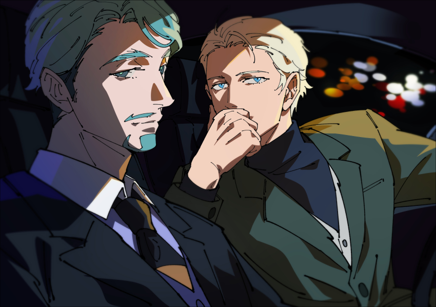 2boys 444_fofofo beard black_suit black_sweater blonde_hair car_interior challia_bull char_aznable covering_own_mouth facial_hair formal_clothes green_eyes green_hair green_suit gundam gundam_gquuuuuux highres looking_at_viewer male_focus multiple_boys mustache necktie short_hair smile suit sweater turtleneck turtleneck_sweater vest