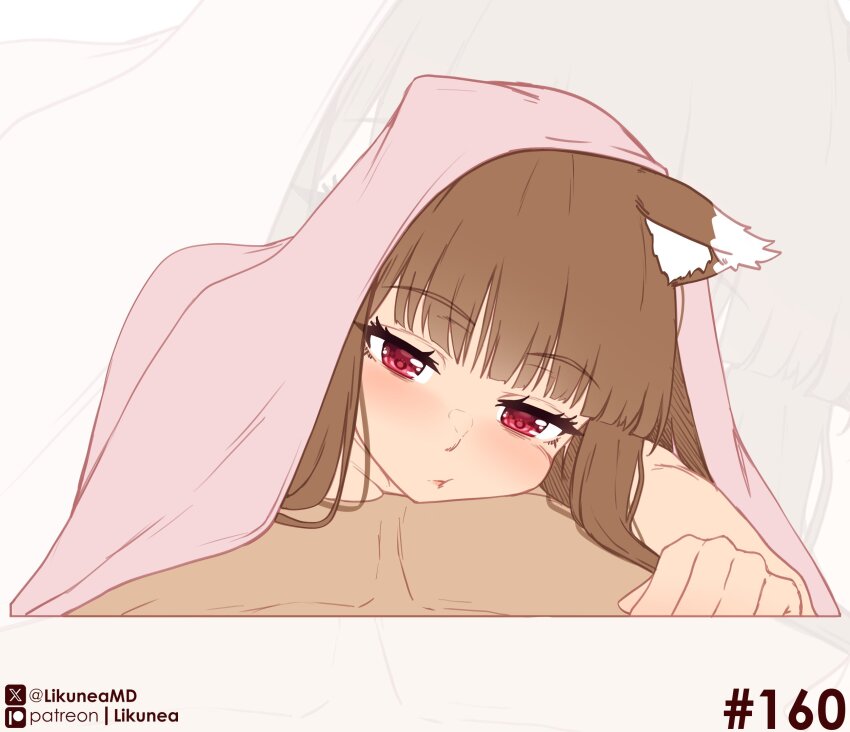 1boy 1girl animal_ears blanket blunt_bangs blush brown_hair commentary english_commentary girl_on_top highres holo likunea long_hair looking_at_viewer lying on_bed patreon_logo patreon_username pillow pink_blanket pov simple_background solo spice_and_wolf twitter_username twitter_x_logo wolf_ears wolf_girl zoom_layer
