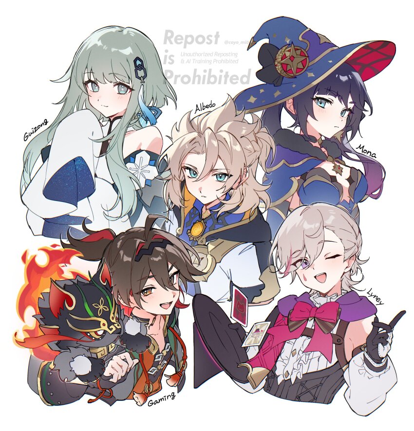 2girls 3boys ;d absurdres albedo_(genshin_impact) armor blush breasts brown_hair character_name cleavage commentary_request double-parted_bangs fur_trim gaming_(genshin_impact) genshin_impact guizhong_(genshin_impact) hair_between_eyes hat highres looking_at_viewer lyney_(genshin_impact) man_chai_(genshin_impact) mochimiya_(coyo) mona_(genshin_impact) multiple_boys multiple_girls one_eye_closed open_mouth purple_hair shoulder_armor smile twintails upper_body watermark white_background witch_hat