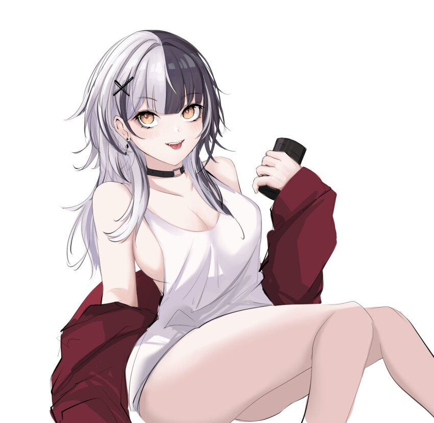 1girl black_choker black_hair breasts choker cleavage commentary earrings english_commentary gloryaldelly grey_hair hair_ornament highres hololive hololive_english jacket jewelry large_breasts long_hair multicolored_hair red_jacket shiori_novella solo split-color_hair tank_top tongue tongue_out two-tone_hair virtual_youtuber white_tank_top x_hair_ornament yellow_eyes