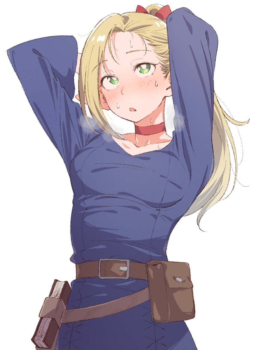 1girl adjusting_hair belt_pouch blonde_hair blue_dress blush breasts choker commentary dress dungeon_meshi eitopondo elf green_eyes highres long_hair marcille_donato medium_breasts pointy_ears pouch red_choker simple_background solo sweat symbol-only_commentary white_background