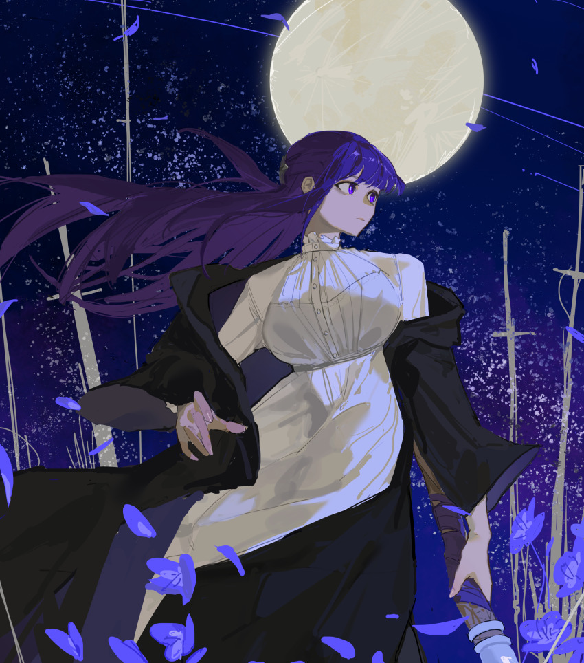 1girl absurdres black_robe dress fern_(sousou_no_frieren) glaw highres holding holding_staff long_hair moon purple_eyes purple_hair robe solo sousou_no_frieren staff white_dress