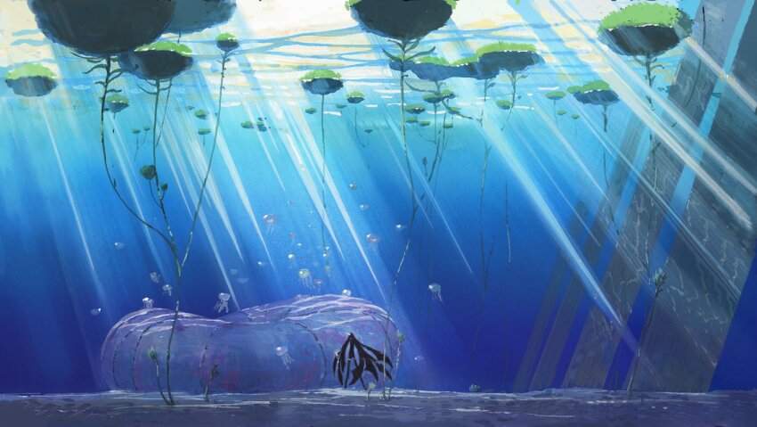 1other bike_shorts black_footwear black_hair black_jacket black_shorts boots bort end_card floating_hair gem_uniform_(houseki_no_kuni) houseki_no_kuni jacket jellyfish long_hair nishikawa_youichi official_art seaweed shorts snail_shell sunlight thigh_boots underwater ventricosus