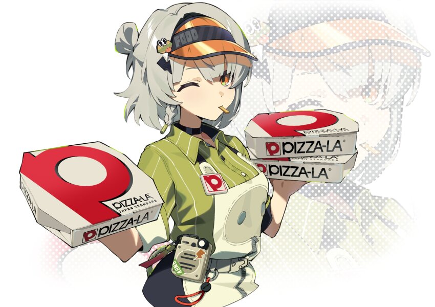 1girl anby_demara anby_demara_(operation_yum_2025) ao_(aokisora_ao) apron black_choker breasts choker collared_shirt commentary_request food_in_mouth green_shirt grey_hair hair_bun hair_ornament highres holding lightning_bolt lightning_bolt_hair_ornament lightning_bolt_symbol looking_at_viewer one_eye_closed orange_eyes pizza-la pizza_box shirt simple_background solo visor_cap white_apron white_background zenless_zone_zero zoom_layer