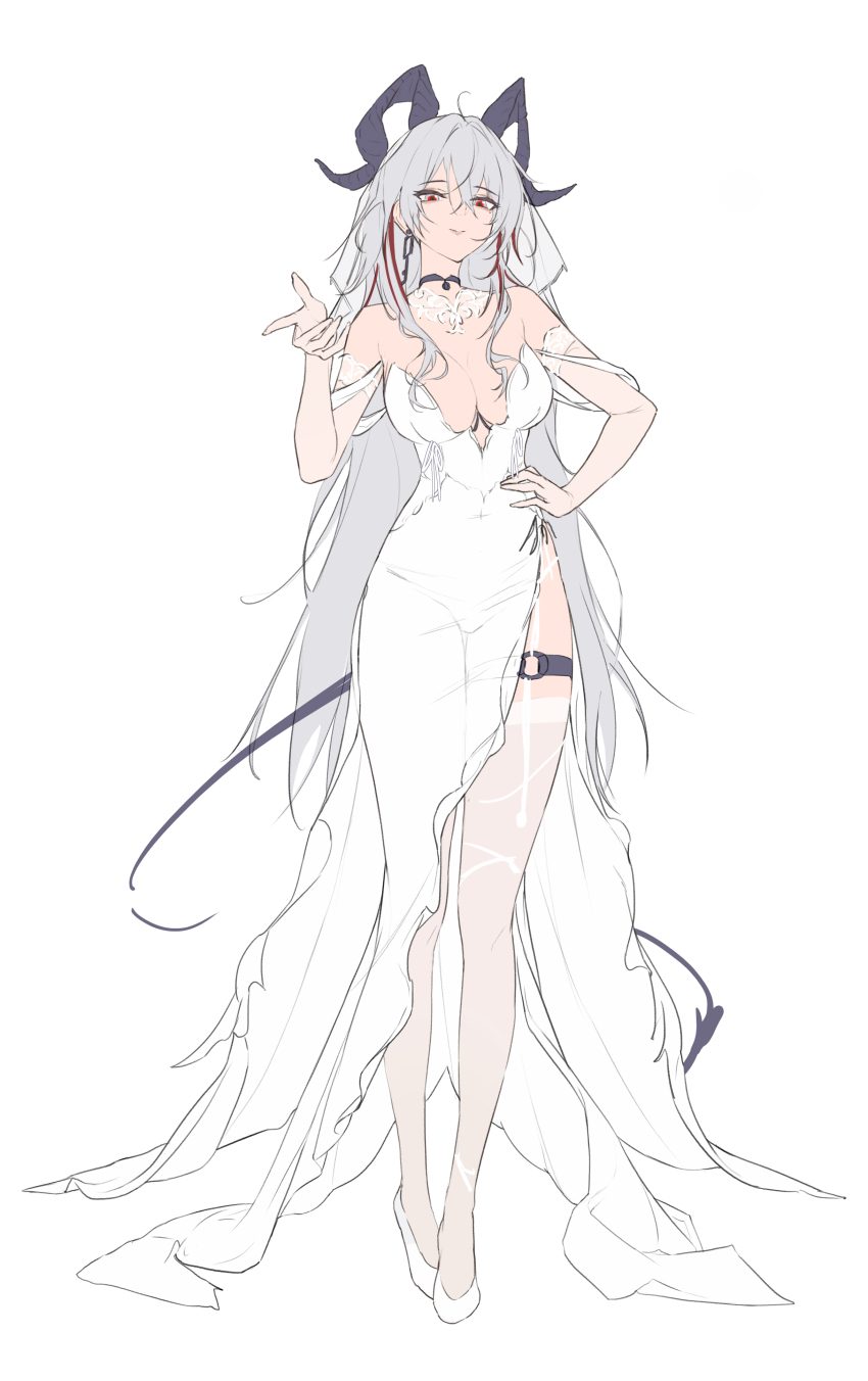 1girl absurdres alternate_costume bare_shoulders black_horns black_tail bow breasts bridal_veil collar curled_horns demon_tail dress earrings elbow_gloves full_body gloves hair_between_eyes hand_on_own_hip hand_up highres horns jewelry key_earrings large_breasts long_dress long_hair looking_at_viewer multicolored_hair parted_lips red_eyes shoes solo strapless strapless_dress streaked_hair tail taut_clothes taut_dress thigh_strap thighhighs thighs veil very_long_hair white_bow white_collar white_dress white_gloves white_shoes white_thighhighs white_veil wuthering_waves youngjoo_kjy zani_(wuthering_waves)