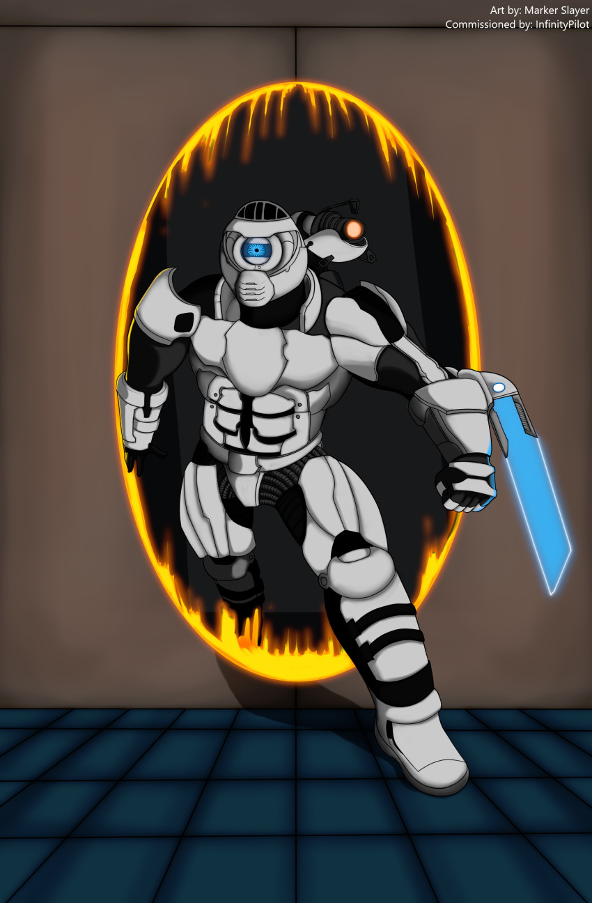 absurdres alternate_costume aperture_science aperture_science_handheld_portal_device arm_blade armor blade crossover doom_(series) doom_eternal doomguy energy_blade energy_sword gun helmet highres knife male_focus marker_slayer personality_core portal portal_(object) portal_(series) portal_1 portal_2 power_suit science_fiction sword valve_software weapon
