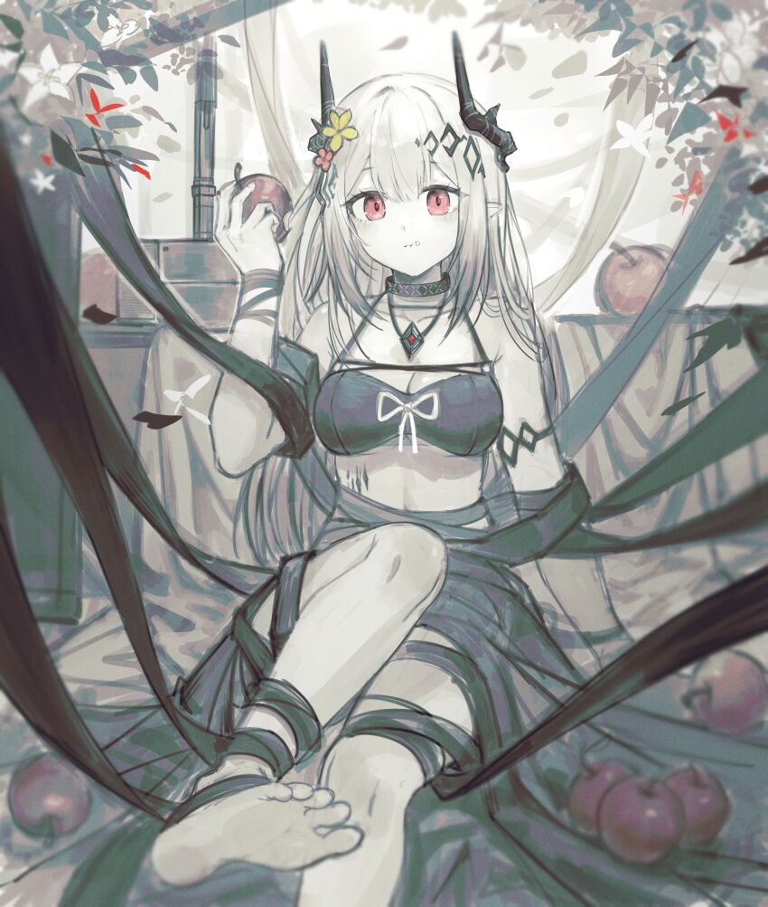 1girl absurdres apple arknights bare_shoulders barefoot bikini black_bikini black_choker black_ribbon bound_leg breasts choker cleavage demon_horns eating feet food fruit hand_up highres holding holding_food holding_fruit horns jewelry leg_up long_hair looking_at_viewer material_growth medium_breasts mudrock_(arknights) mudrock_(silent_night)_(arknights) necklace official_alternate_costume oripathy_lesion_(arknights) red_eyes ribbon sitting soles solo string_bikini swimsuit toes white_hair zapik
