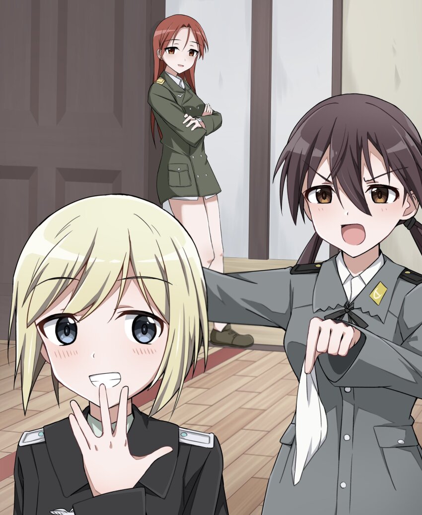 3girls black_jacket blonde_hair blue_eyes brown_eyes brown_hair door emu_1316 erica_hartmann gertrud_barkhorn green_jacket highres holding holding_panties holding_underwear holding_unworn_clothes indoors jacket long_hair military military_uniform minna-dietlinde_wilcke multiple_girls no_pants panties red_eyes shirt short_hair standing strike_witches underwear upper_body white_panties white_shirt world_witches_series